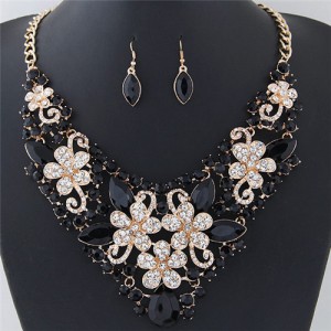 Wealthy Hollow Flowers and Vines Design Luxurious Necklace and Earrings Set - Black