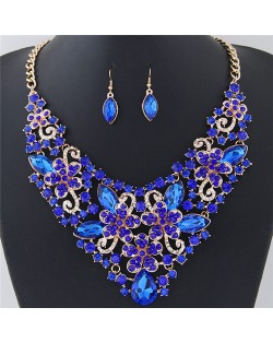 Wealthy Hollow Flowers and Vines Design Luxurious Necklace and Earrings Set - Blue
