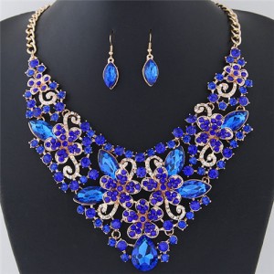 Wealthy Hollow Flowers and Vines Design Luxurious Necklace and Earrings Set - Blue