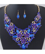 Wealthy Hollow Flowers and Vines Design Luxurious Necklace and Earrings Set - Blue