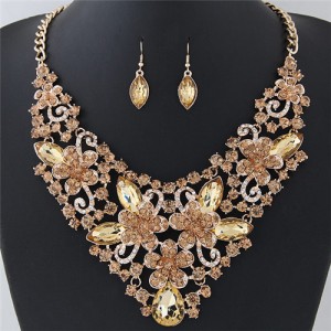 Wealthy Hollow Flowers and Vines Design Luxurious Necklace and Earrings Set - Champagne