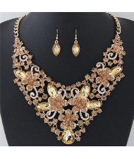 Wealthy Hollow Flowers and Vines Design Luxurious Necklace and Earrings Set - Champagne