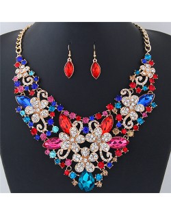 Wealthy Hollow Flowers and Vines Design Luxurious Necklace and Earrings Set - Multicolor