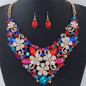 Wealthy Hollow Flowers and Vines Design Luxurious Necklace and Earrings Set - Multicolor