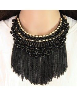 Crystal Beads Cluster Alloy Chains Tassel Fashion Chunky Necklace - Black