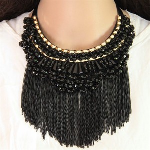 Crystal Beads Cluster Alloy Chains Tassel Fashion Chunky Necklace - Black