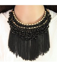 Crystal Beads Cluster Alloy Chains Tassel Fashion Chunky Necklace - Black
