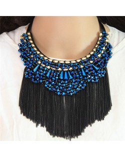Crystal Beads Cluster Alloy Chains Tassel Fashion Chunky Necklace - Blue