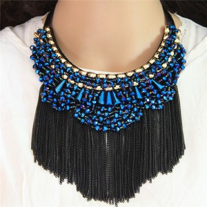 Crystal Beads Cluster Alloy Chains Tassel Fashion Chunky Necklace - Blue