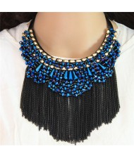 Crystal Beads Cluster Alloy Chains Tassel Fashion Chunky Necklace - Blue