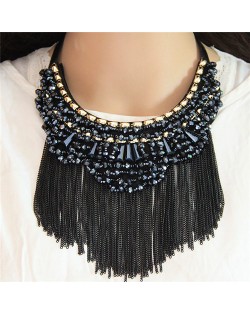 Crystal Beads Cluster Alloy Chains Tassel Fashion Chunky Necklace - Ink Blue