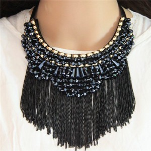 Crystal Beads Cluster Alloy Chains Tassel Fashion Chunky Necklace - Ink Blue