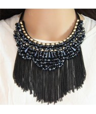Crystal Beads Cluster Alloy Chains Tassel Fashion Chunky Necklace - Ink Blue