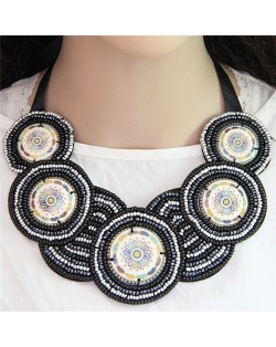Bohemian Mini Beads Mingled Rounds Pattern Design Cloth Rope Chunky Necklace - Black and White