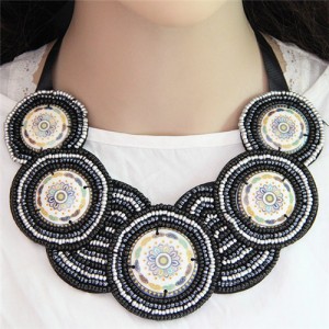 Bohemian Mini Beads Mingled Rounds Pattern Design Cloth Rope Chunky Necklace - Black and White