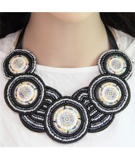 Bohemian Mini Beads Mingled Rounds Pattern Design Cloth Rope Chunky Necklace - Black and White