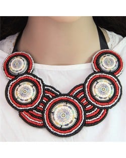 Bohemian Mini Beads Mingled Rounds Pattern Design Cloth Rope Chunky Necklace - Black and Red