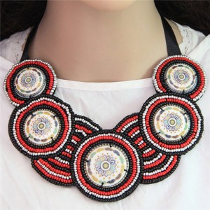 Bohemian Mini Beads Mingled Rounds Pattern Design Cloth Rope Chunky Necklace - Black and Red