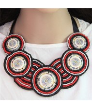 Bohemian Mini Beads Mingled Rounds Pattern Design Cloth Rope Chunky Necklace - Black and Red