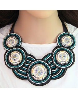 Bohemian Mini Beads Mingled Rounds Pattern Design Cloth Rope Chunky Necklace - Black and Teal