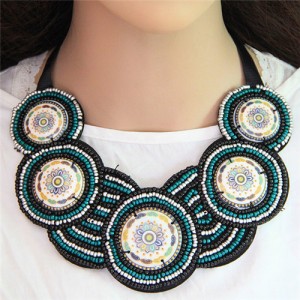 Bohemian Mini Beads Mingled Rounds Pattern Design Cloth Rope Chunky Necklace - Black and Teal