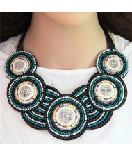 Bohemian Mini Beads Mingled Rounds Pattern Design Cloth Rope Chunky Necklace - Black and Teal