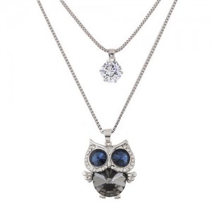 Rhinestone Cute Night Owl Pendant Two Layers Long Fashion Necklace