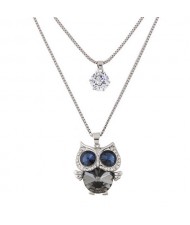 Rhinestone Cute Night Owl Pendant Two Layers Long Fashion Necklace