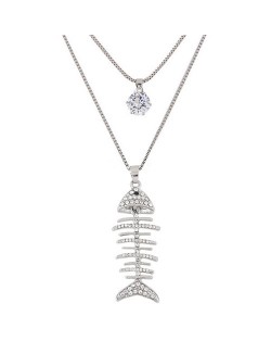 Rhinestone Inlaid Fish Skeleton Pendant Design Dual Layers Long Necklace