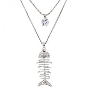 Rhinestone Inlaid Fish Skeleton Pendant Design Dual Layers Long Necklace