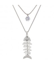 Rhinestone Inlaid Fish Skeleton Pendant Design Dual Layers Long Necklace