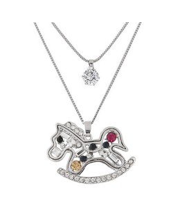 Colorful Rhinestone Inlaid Toy Horse Pendant Two Layers Long Fashion Necklace