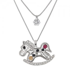 Colorful Rhinestone Inlaid Toy Horse Pendant Two Layers Long Fashion Necklace