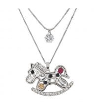 Colorful Rhinestone Inlaid Toy Horse Pendant Two Layers Long Fashion Necklace