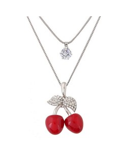 Cubic Zirconia Embellished Sweet Cherry Pendant Two Layers Long Costume Necklace