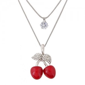 Cubic Zirconia Embellished Sweet Cherry Pendant Two Layers Long Costume Necklace