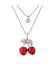Cubic Zirconia Embellished Sweet Cherry Pendant Two Layers Long Costume Necklace