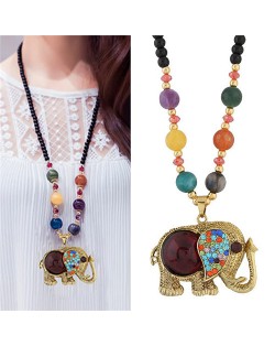 Resin Gems and Rhinestones Embellished Elephant Pendant Beads Fashion Necklace