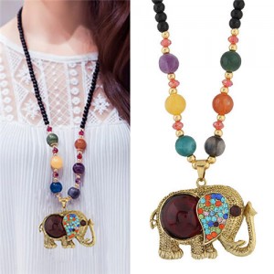 Resin Gems and Rhinestones Embellished Elephant Pendant Beads Fashion Necklace