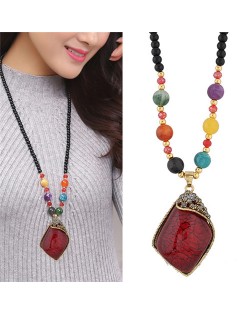 Classic Irregular Geometric Resin Gem Pendant Beads Fashion Long Necklace - Red
