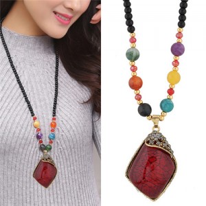 Classic Irregular Geometric Resin Gem Pendant Beads Fashion Long Necklace - Red