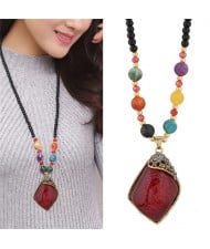 Classic Irregular Geometric Resin Gem Pendant Beads Fashion Long Necklace - Red