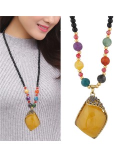 Classic Irregular Geometric Resin Gem Pendant Beads Fashion Long Necklace - Yellow