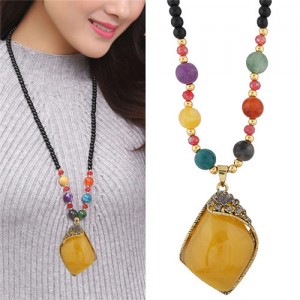 Classic Irregular Geometric Resin Gem Pendant Beads Fashion Long Necklace - Yellow