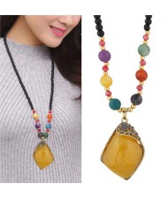 Classic Irregular Geometric Resin Gem Pendant Beads Fashion Long Necklace - Yellow
