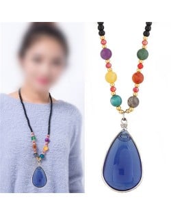 Classic Graceful Resin Blue Waterdrop Pendant Beading Rope Long Necklace