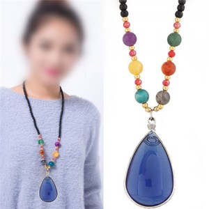 Classic Graceful Resin Blue Waterdrop Pendant Beading Rope Long Necklace