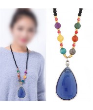 Classic Graceful Resin Blue Waterdrop Pendant Beading Rope Long Necklace