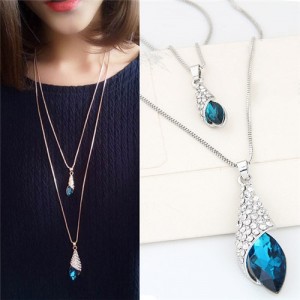 Sweet Rhinestone Embellished Angel Tears Theme Dual Layers Long Fashion Necklace