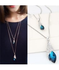 Sweet Rhinestone Embellished Angel Tears Theme Dual Layers Long Fashion Necklace